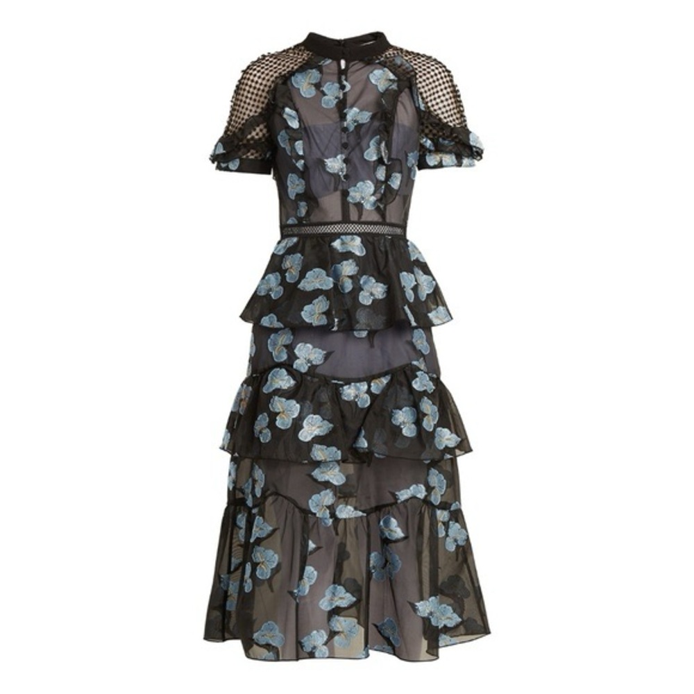 Self-Portrait Black & Blue Floral Fil Coupe Cape Detail Tiered Midi Dress 6 - Picture 2 of 14